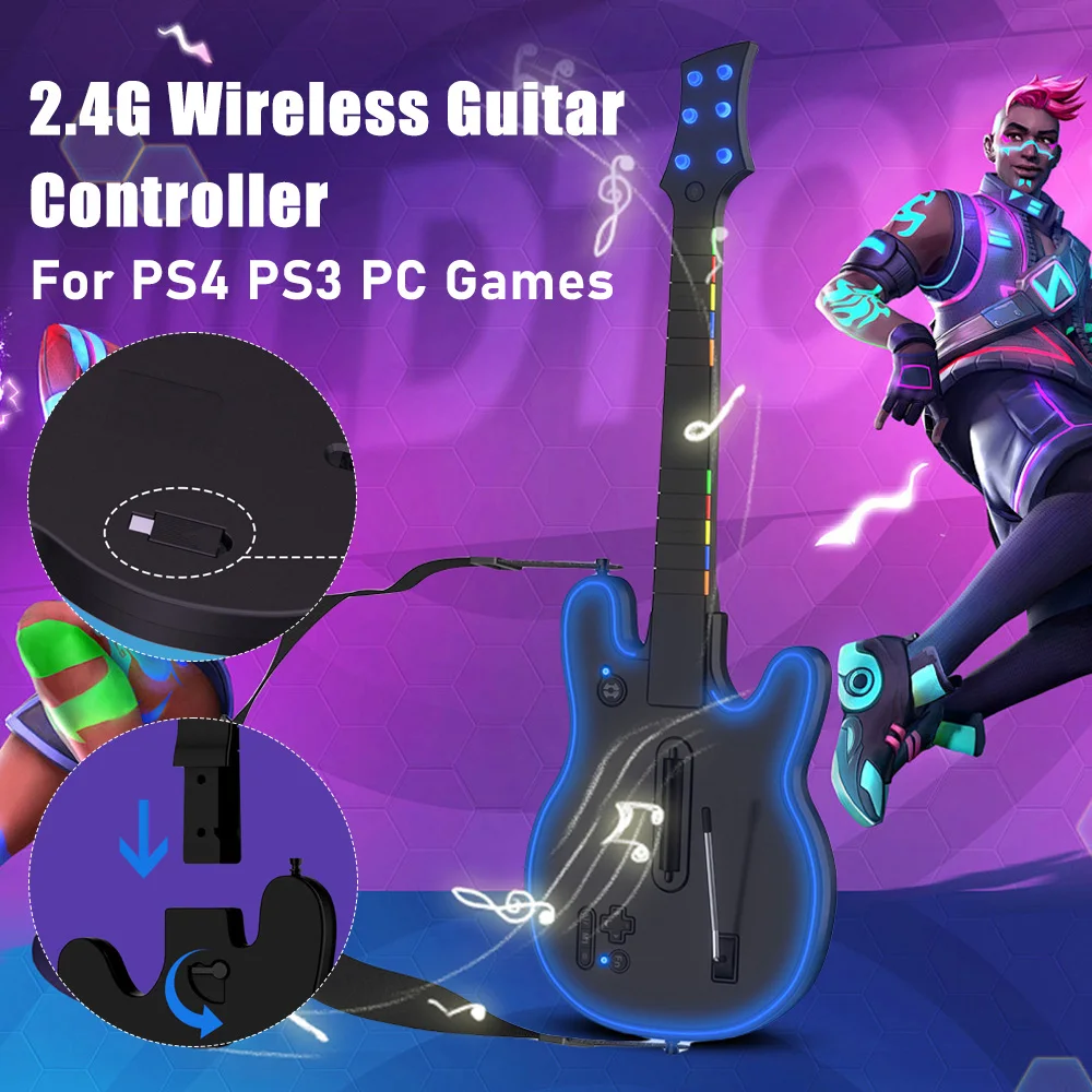 

2.4G Wireless Guitar Gamepad Game Controller With Shoulder Strap For PS4 PS3 PC Guitar Hero Clone Hero Rock Band Accessories