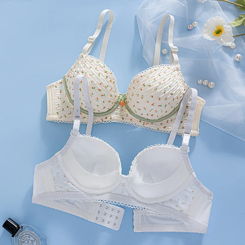 Sexy Lace Floral Bra AB Cup Push Up for Small Bust Teenage Thin Section Underwear Female Anti-Sagging No Pad Wireless Cute Bras
