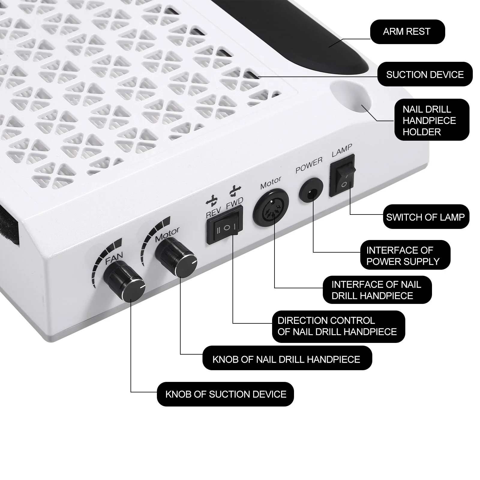 مصباح الأظافر + مجمع غبار الأظافر آلة حفر الأظافر منظف شفط الغبار أدوات صالون تزيين الأظافر