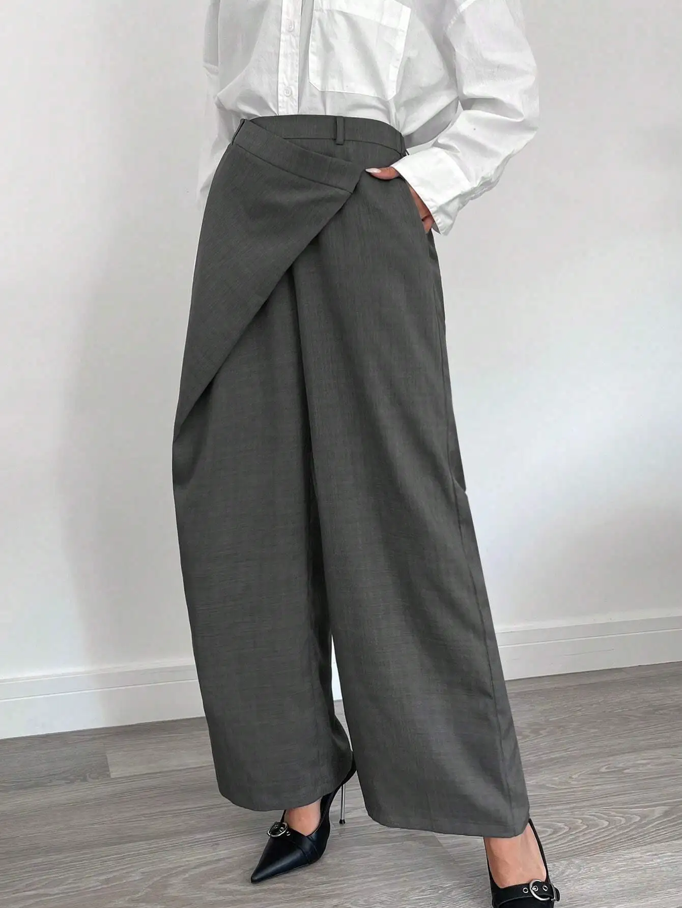 

Асимметричные широкие брюки для женщин, деловой повседневный стиль, серые, с высокой талией, с карманами