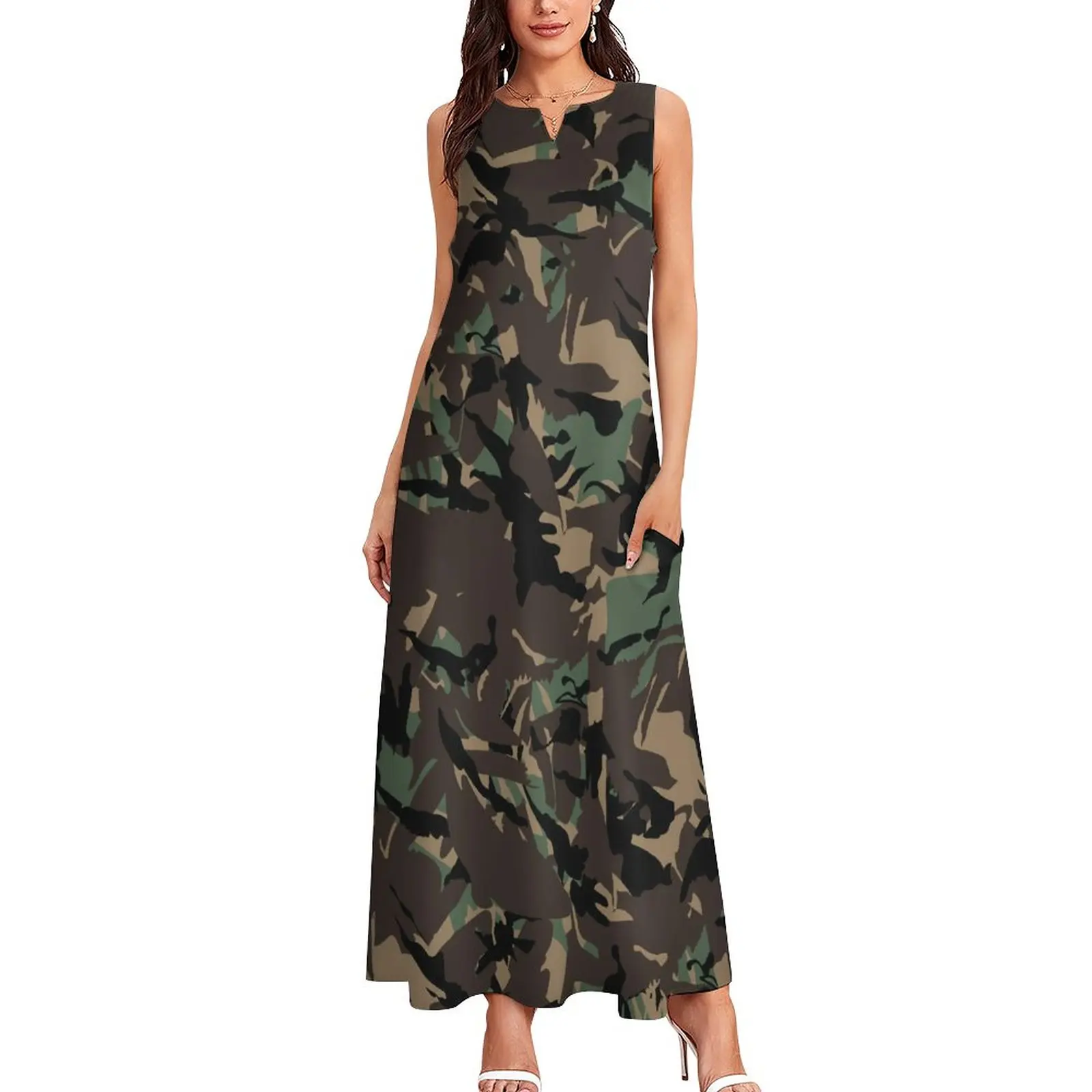 Gaun Tentara Motif Camo Gaun Panjang Kasual Estetika Kamuflase Sloth Musim Panas Gaun Maxi Elegan Wanita Hadiah Ulang Tahun