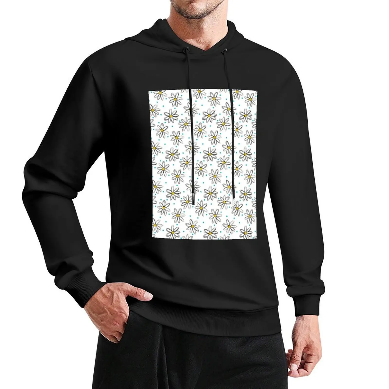 Daisies with Blue Dots Pattern on White Pullover Hoodie korean style clothes men hoodie