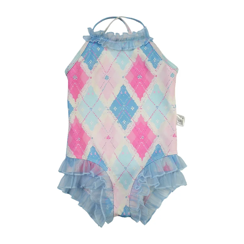

Summer Vocation Girls One Piece Swimming Wear For Kids Swimsuit Geometry Pattern Halter Romper Jumpsuit Baby Back Strap Swimwear
