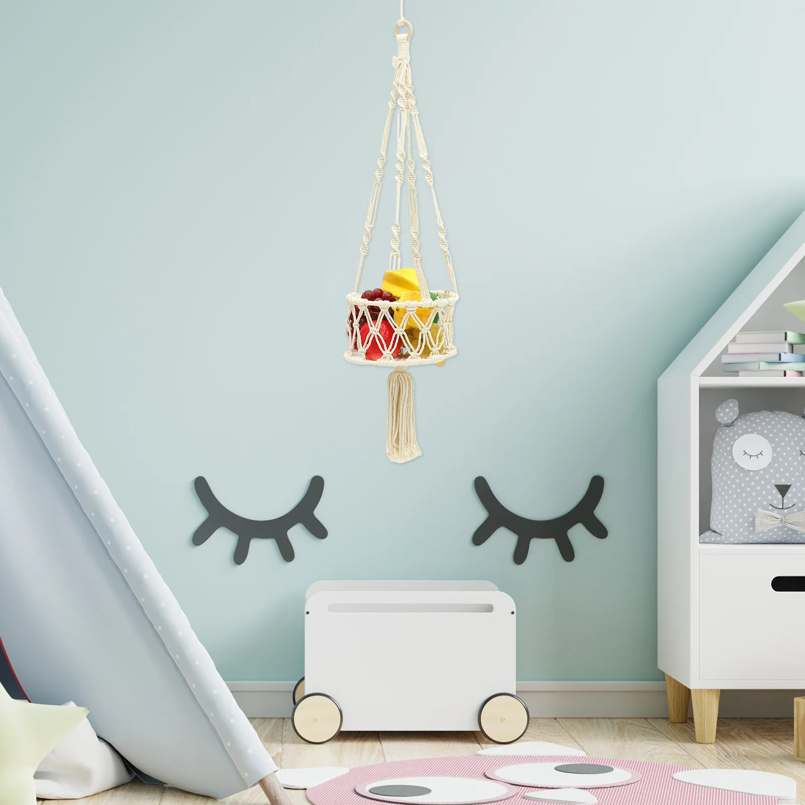 سلة فواكه معلقة من Macrame مصنوعة يدويًا من حبل القطن سلة تخزين المطبخ متعددة الوظائف منظم فواكه الخضروات المعلقة