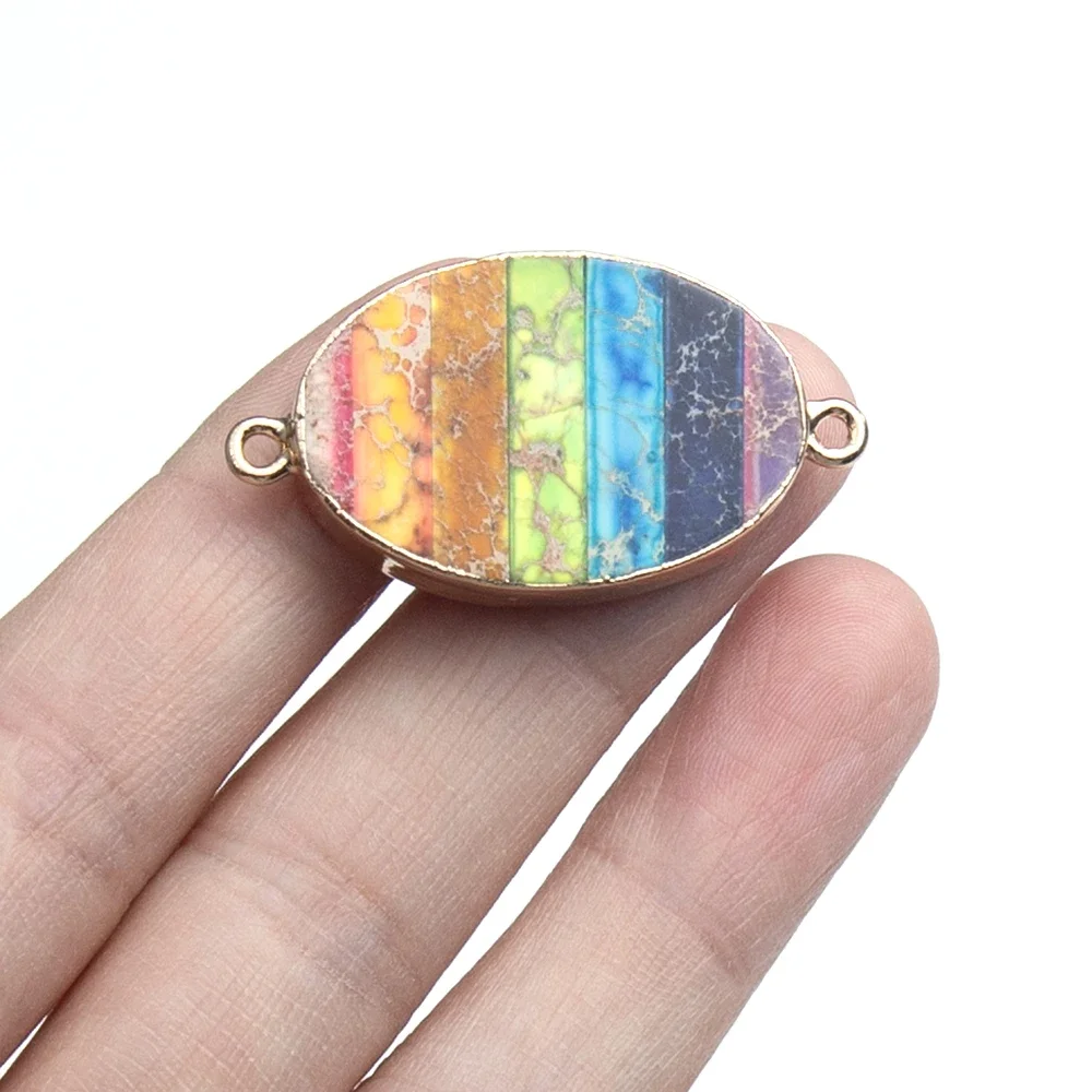 

1PC Delicate Oval Shape Natural Stone Pendant Colorful Imperial Stone Double Hole Connector DIY Jewelry Accessories 21x39mm