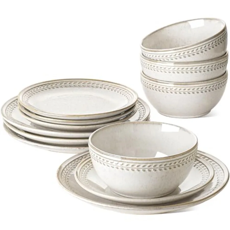 

12Piece Ceramic Dinnerware Set for 4 Including Plates and Bowls with Oven Dishwasher and Microwave Safe Features Perfect for Ho