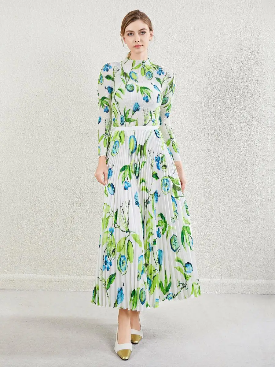 

High Waist Floral Print Maxi Skirt Slim Fit Top Women's Faion Set Polyester Fiber Long Sve Two-Piece Ensemble