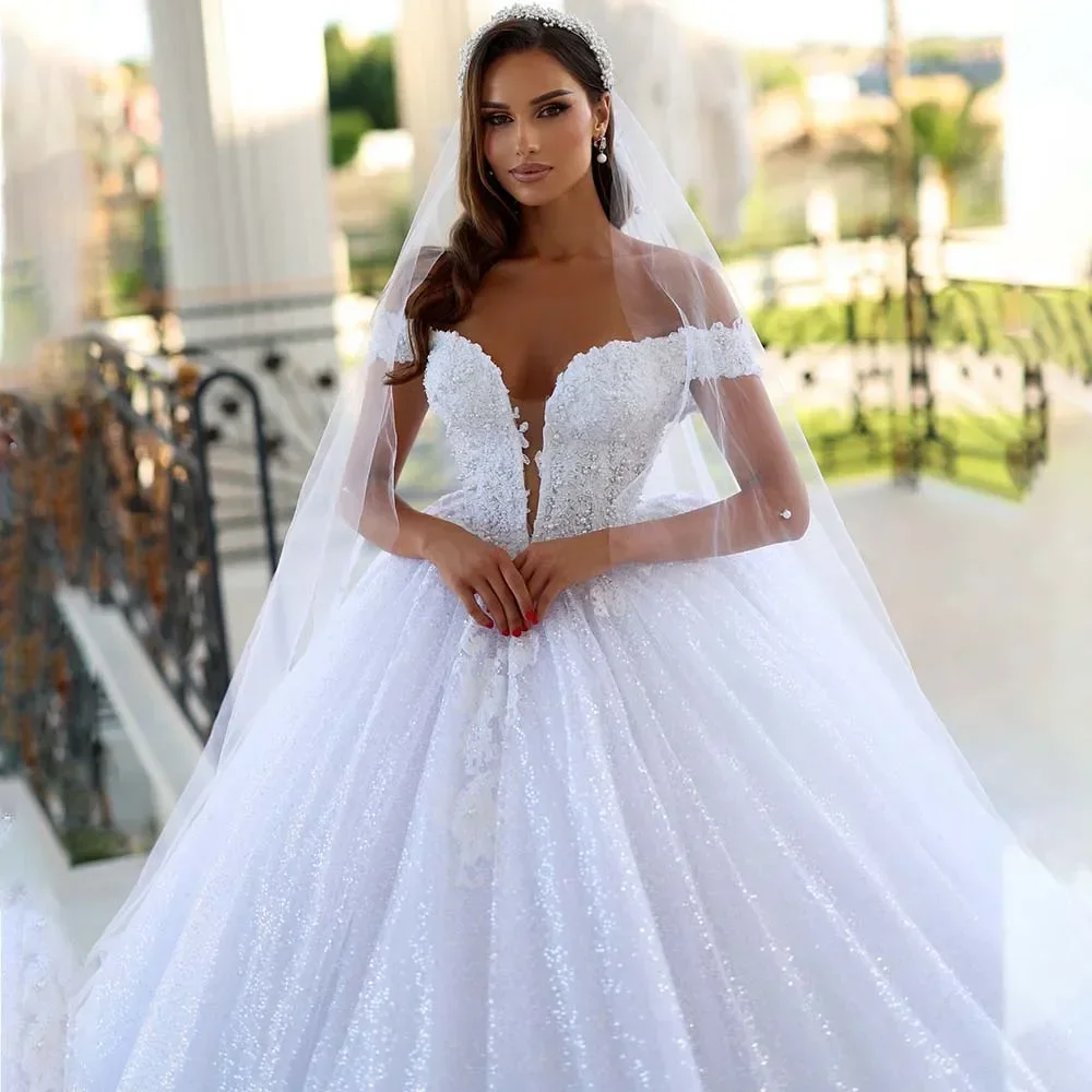Elegant A-Line Lace Decal Women's Wedding Dress Sexy Deep V-Neck Off Shoulder Ball Bridal Gown Vestido De Novia Customized