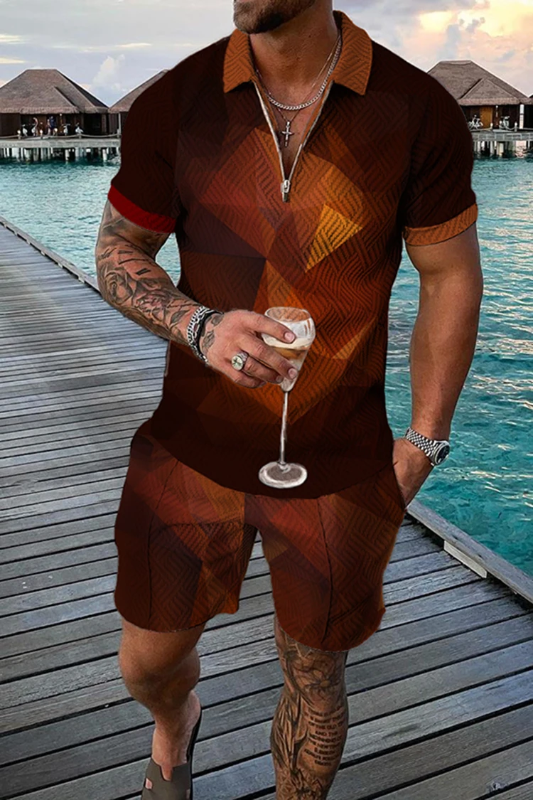 Men Summer Polo Shirt Set 2 Pieces Hawaii Tracksuit Casual Business Suit Fashion Trun Down Collar Zipper Clothing Vintage Outuit
