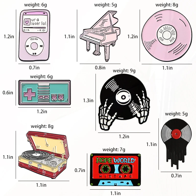 Radio CD Jukebox Phonograph Pines Lapel Pins Jeans shirt Bag Jewelry Gift Play Music Enamel  Pins Badge Custom MP3 Tape Piano