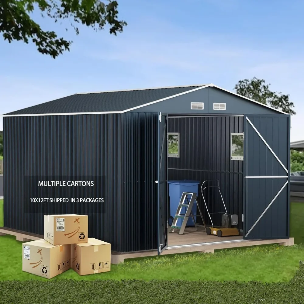 10X12X7.5 FT Outdoor Steel Storage Shed with Lockable Doors 2 WindowsTransparent Roof Panels All-Weather Construction Sheds