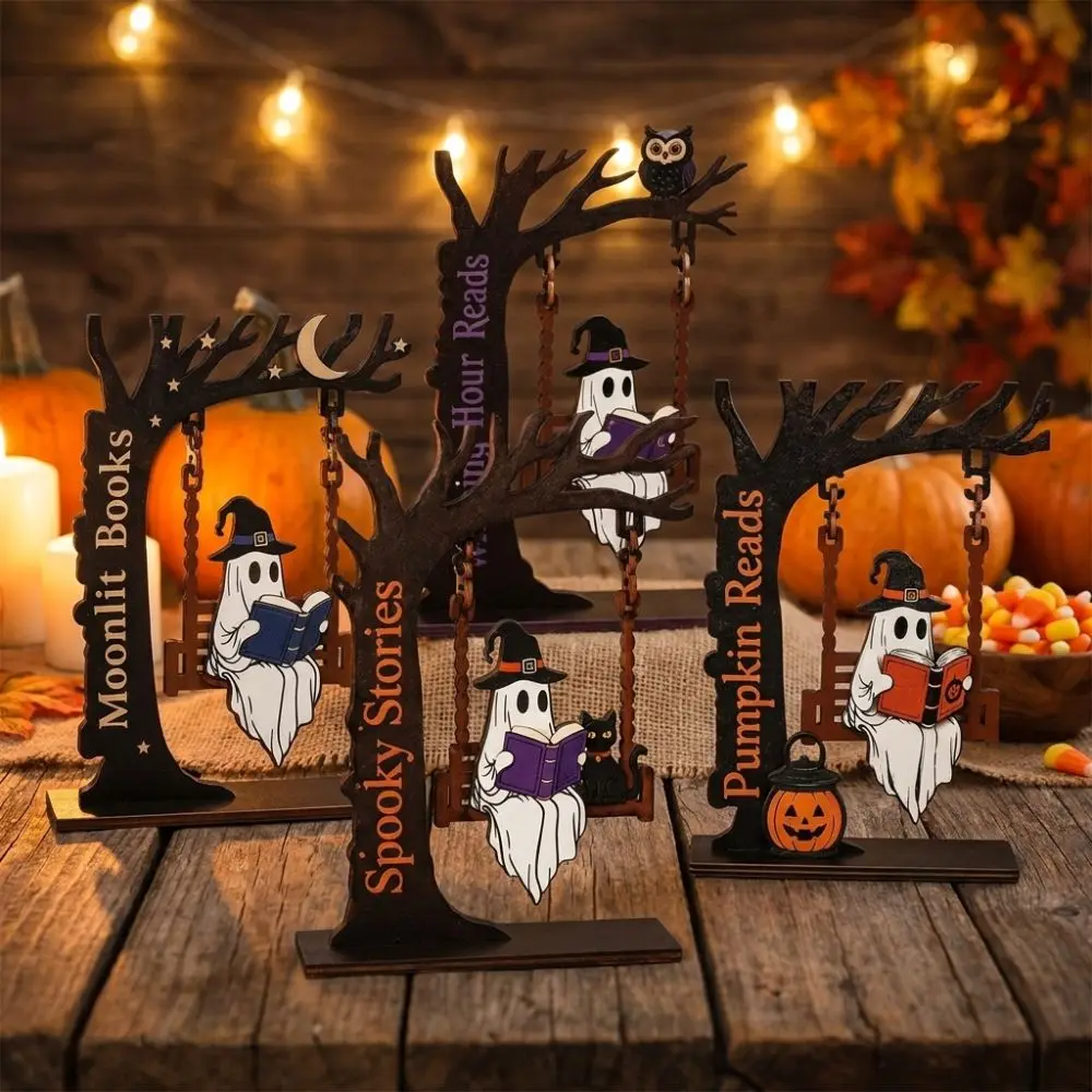 Hand Carved Reading Ghost Swing Ornament Dark Style Gothic Dead Tree Ghost Bookshelf Sign Vintage Fall Themed
