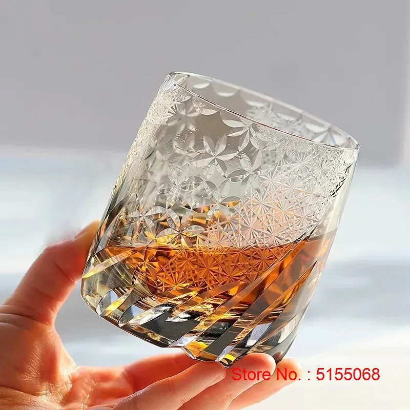 Wind, Flower, Snow And Moon Romantic Themes Edo Kiriko WINE Glass Hand Cut Amber Crystal Whiskey Cup Work Of Art Brandy Snifter