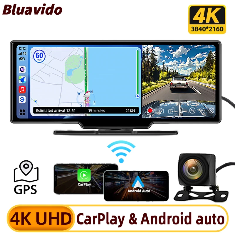 4k uhd traço cam gps fundido sem fio carplay android auto com câmera traseira 1080p 5g wifi conectar gravador de vídeo do carro transmissor fm