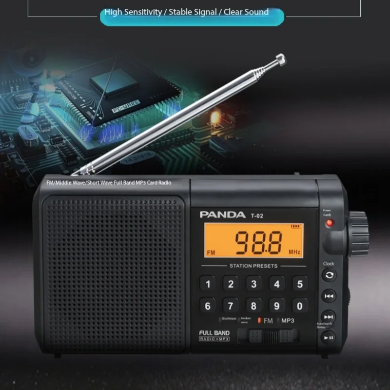 

PANDA T-02 Portable Radio MW FM SW Airband DSP Multiband Receiver with Rechargeable Batter Clock Display Supports TF Card