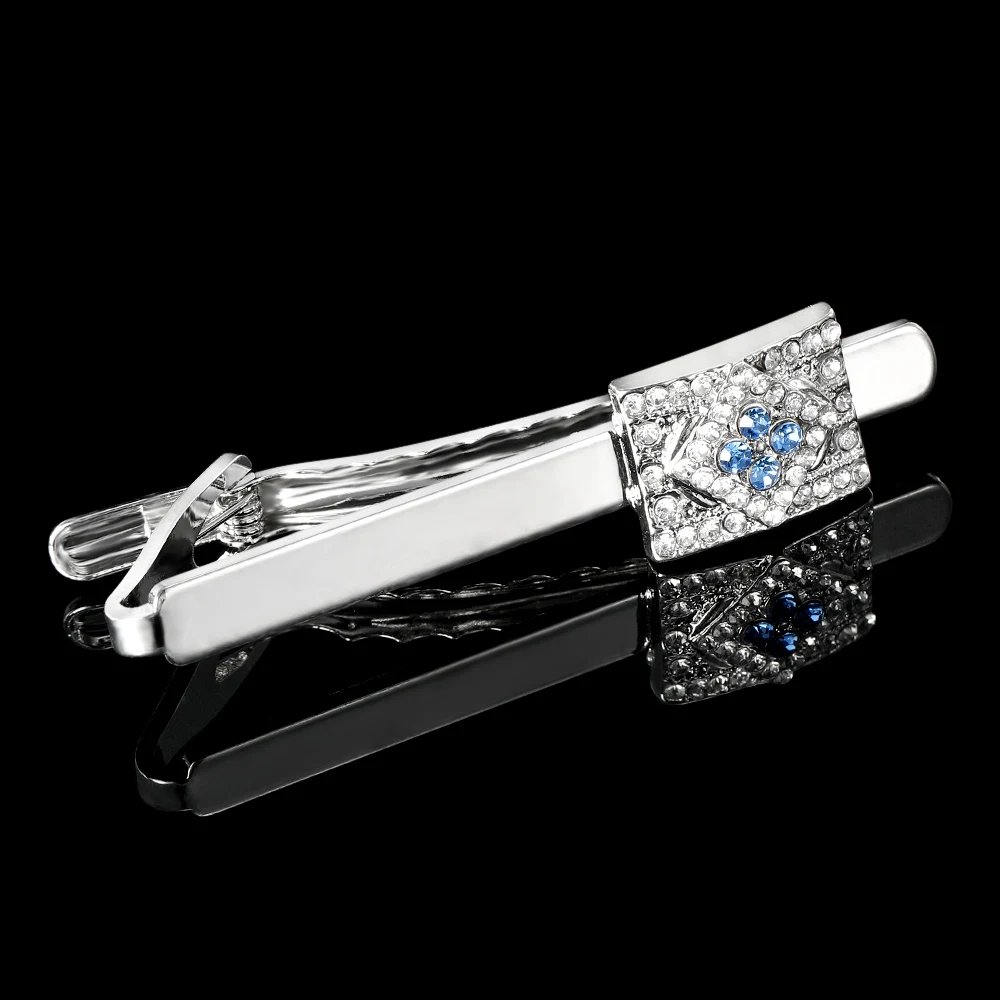 Neuheit Luxus Rechteck Raute Voller Kristall Manschettenknöpfe Krawatte Clip Set Blau Und Klar Strass Gepflastert Schmuck Für Männer – Detail 7