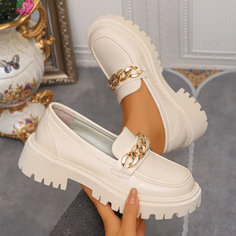 

2026 New Women's Thick Heel Slip-On Loafers British Style Round Toe Chain Decor Shoes Mid Heels Comfortable Women Single Shoes