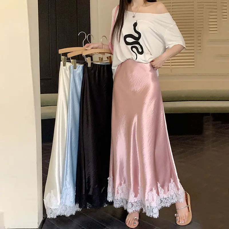 

French Elegant Satin Mermaid Skirt Women Spring Summer Lace Patchwork Pack Hip Long A-line Skirts Office Ladies Faldas