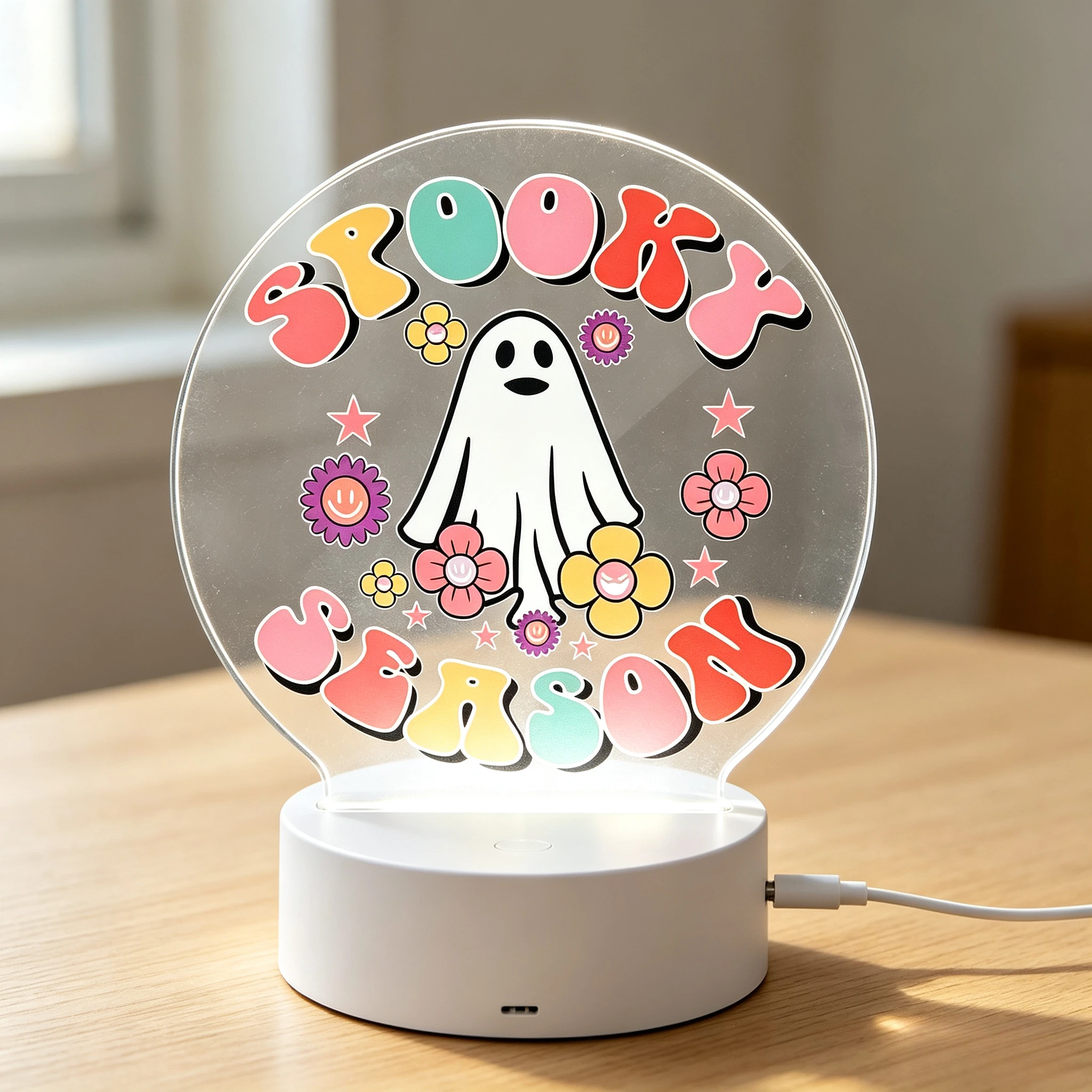 Spooky Season Retro Cute Ghost Flower Round Acrylic LED Night Light USB Powered Bedside Lamp Halloween Decorative Light Kids Bedroom Holiday Party Gift