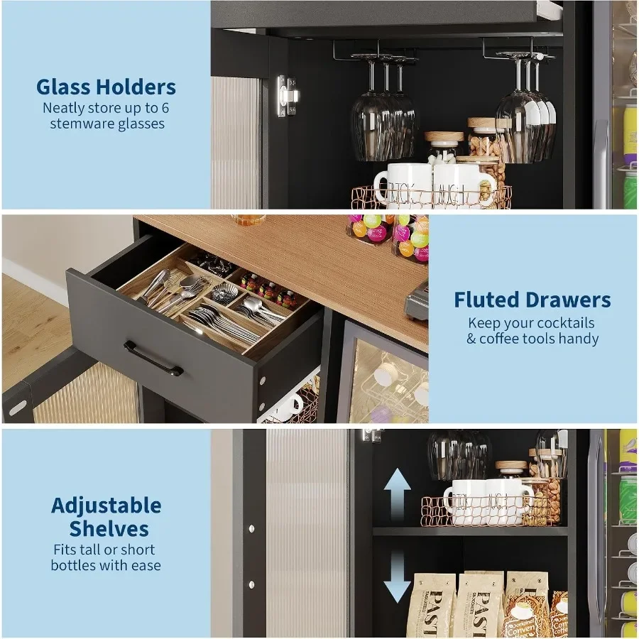 Wine bar cabinet with fridge space and top display hutch for home entertainment, black metal and wood, sleek modern design with view 4