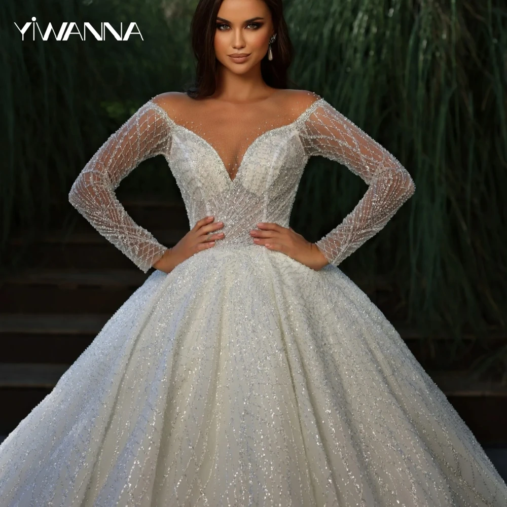 

New Illusion Sequined Beads Bridal Dress O-neck Long Sleeve Wedding Gown Luxury Ball Gown Bride Robe Vestido De Novia