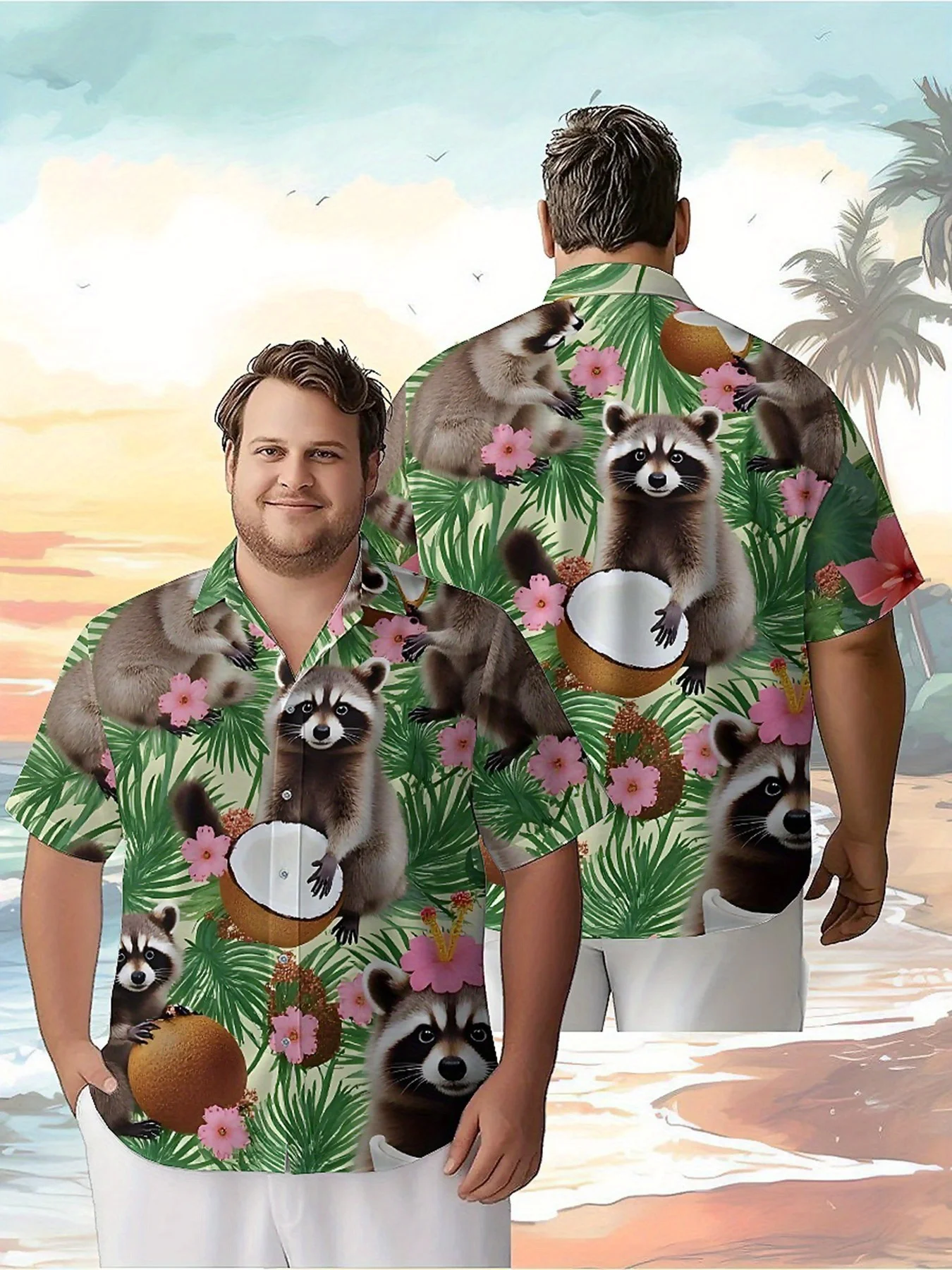 

Men's Plus Size Hawaiian Shirts Tropical Raccoon Coconut Pattern,New Summer Fashion Tops,Hip Hop Streetwear