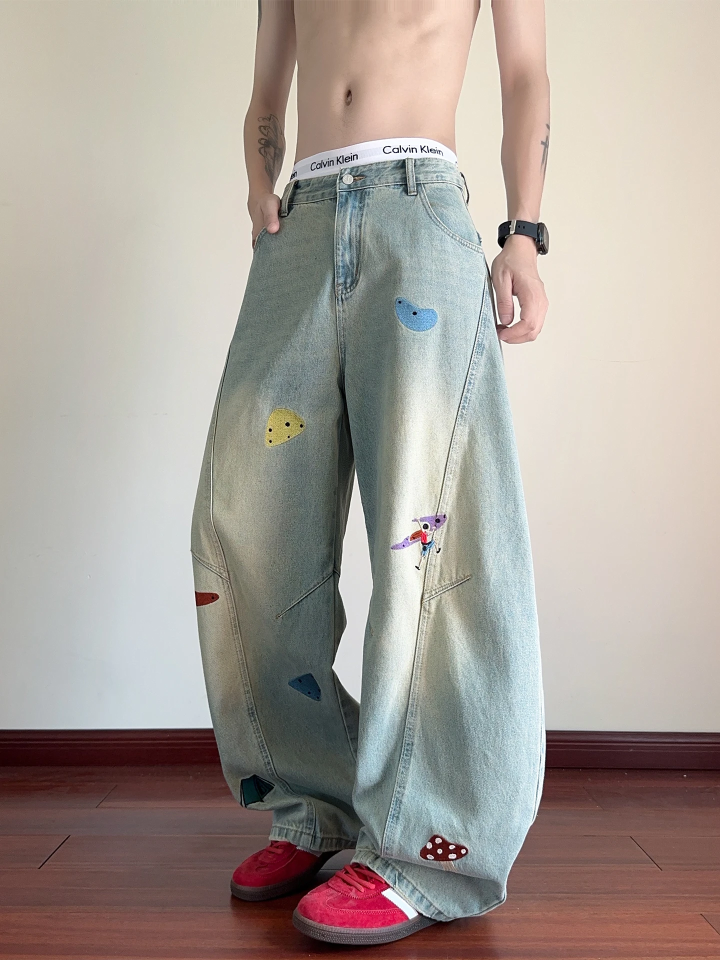 

Retro Cartoon Men's Jeans Oversize Loose Straight Leg Casual Wear Autumn Trendy Brand Low Waist Denim Pants Street Style