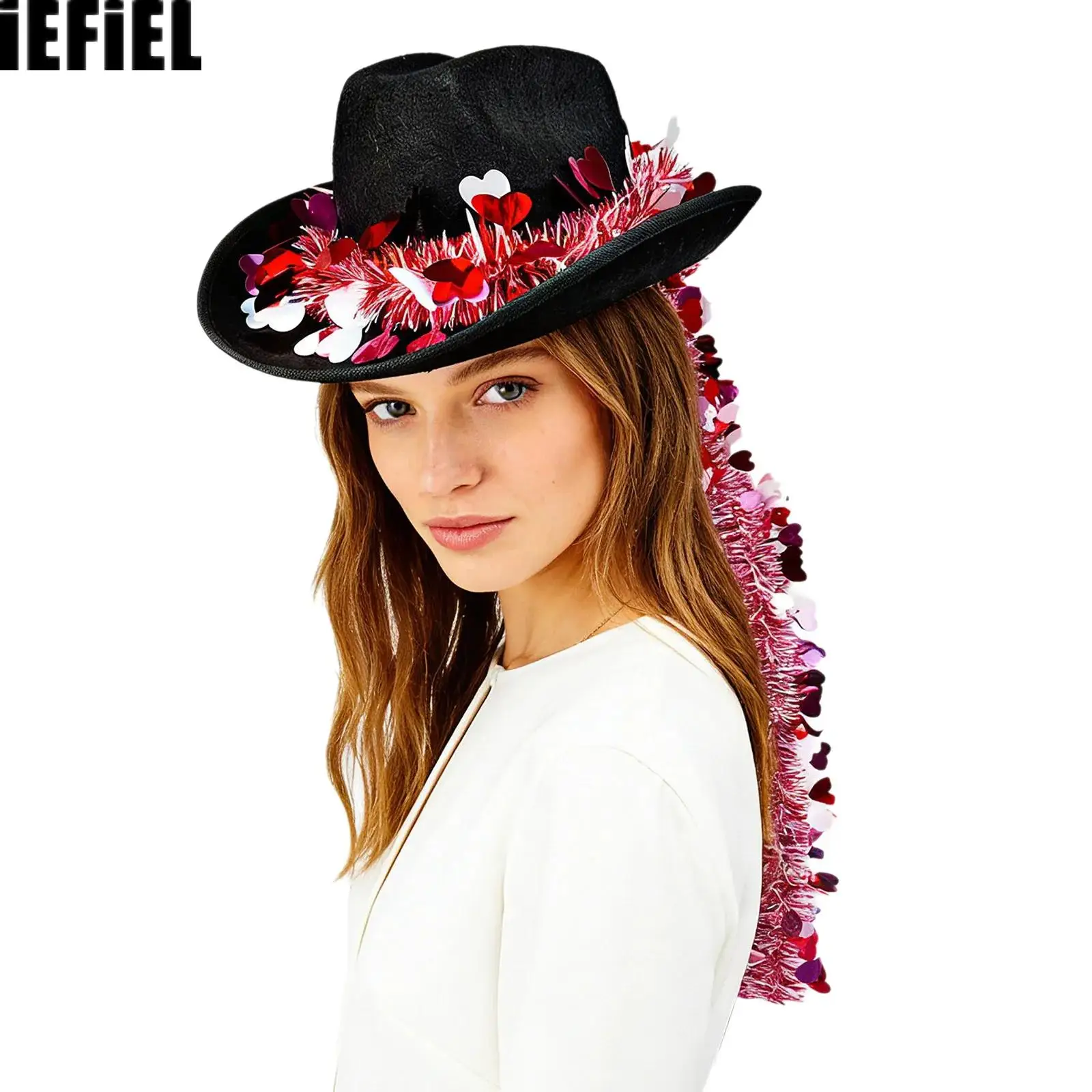 

Western Cowboy Hat Heart Sequins Ribbons Decor Valentine Day Cowgirl Hat for Women Men Wide Brim Fedora Hat