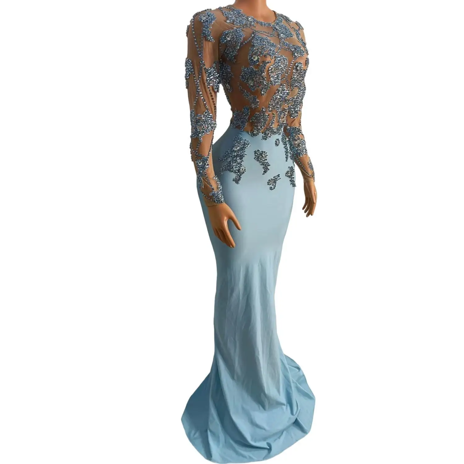 Biyue Light Blue Rhinestone Embellished Sheer Mesh Long Sleeve Mermaid Gown for Drag Queen Stage Performances and Nightclub Even