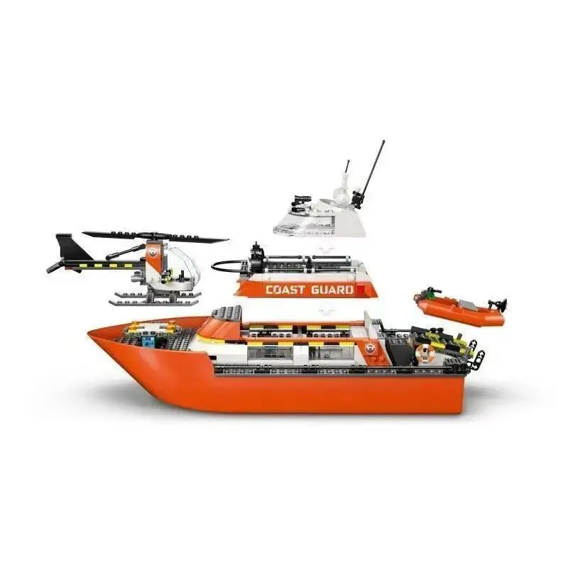 

New MOC Coast Guard Rescue Boat & Helicopter Big Ship Building Blocks Compatible 60504 City Series Sets Model Toys for Kids Gift