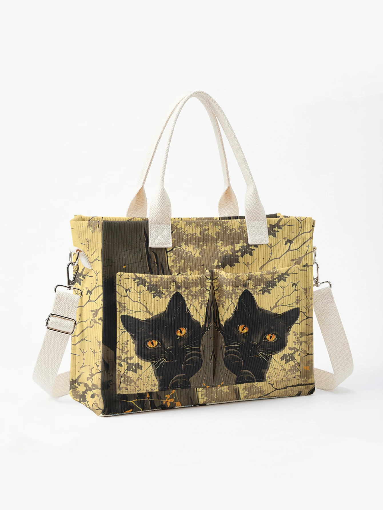 

Вельветовая сумка-тоут с принтом «Мистический черный кот в лесу», большая вместительная сумка через плечо с множеством карманов для поездок на работу