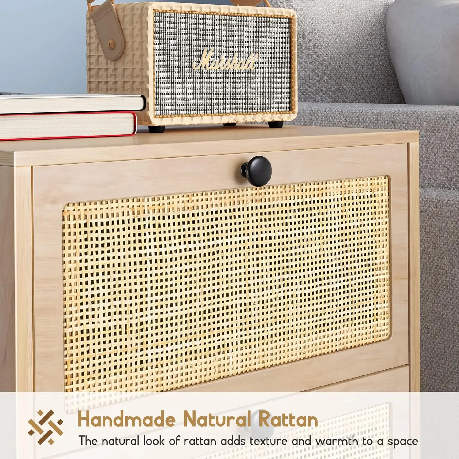 天然ラタンナイトスタンド2個セット、引き出し付きボヘミアンナイトスタンド、ベッドサイドテーブルアクセント杖エンドテーブルサイドテーブル