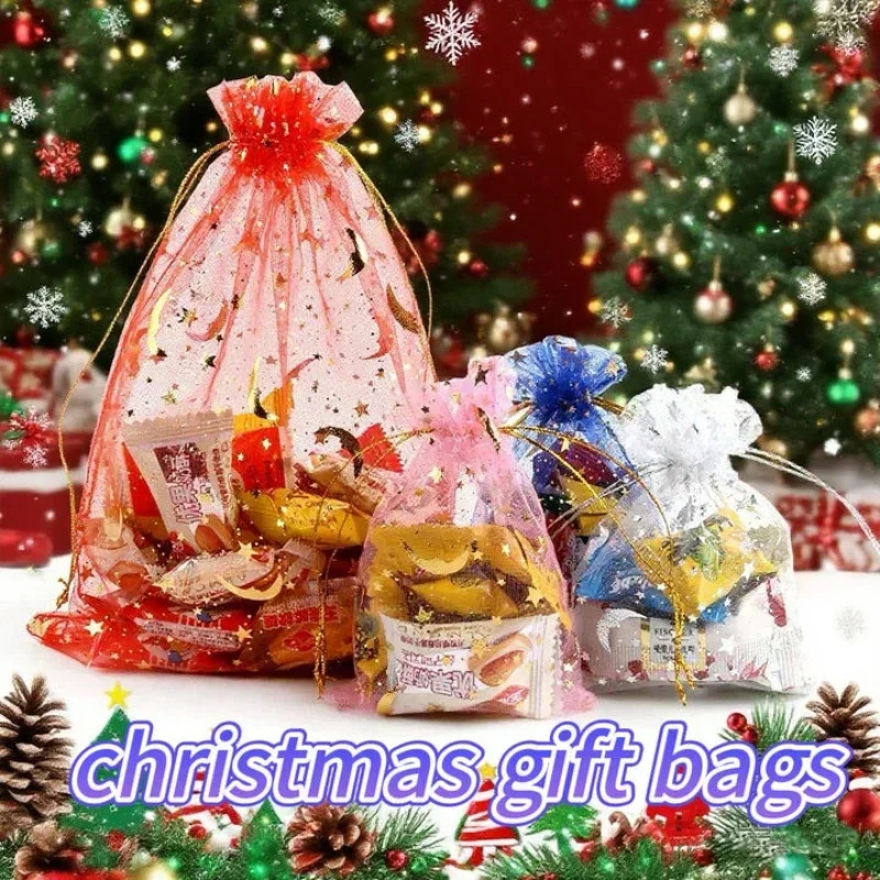 50/100PCS Moon Stars Drawstring Organza Bags Jewelry Gift Bags Pouches Gold Star Organza Favor Pouches for Christmas Wedding