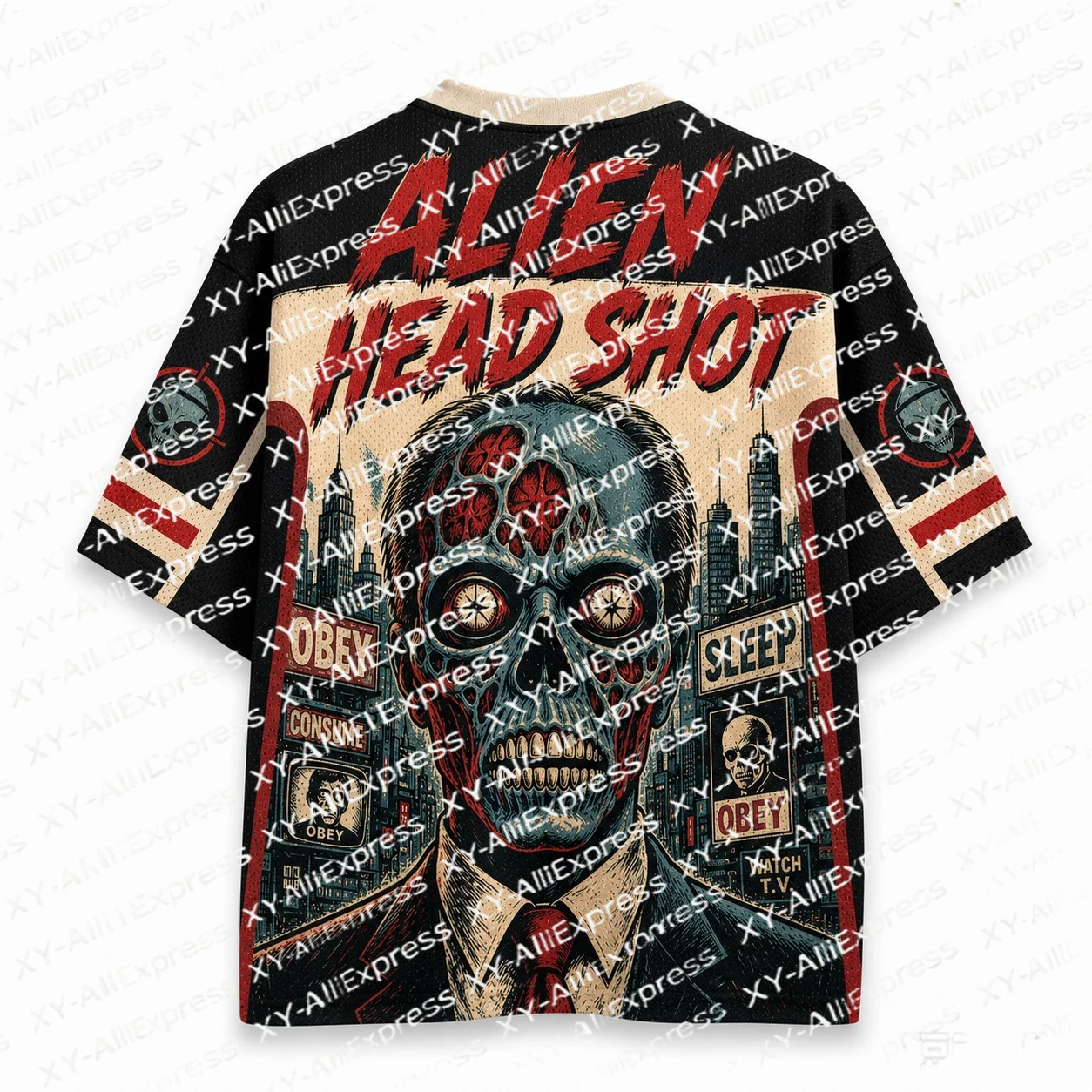 Worn Retro Sci-fi Poster Jersey. Antique Faded Base, Creepy Alien Skull & Cityscape Icons, Gritty Vintage Aged Print Texture.