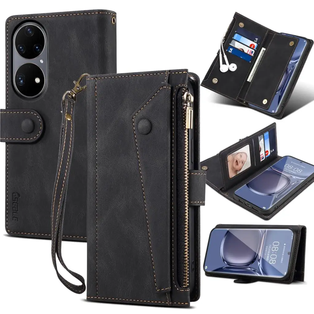 Wallet Flip Leather Case For Huawei P50 Pro P50Pro Mobile Phone Case For Rope Luxury Zipper Cover Smartphone Android Fundas