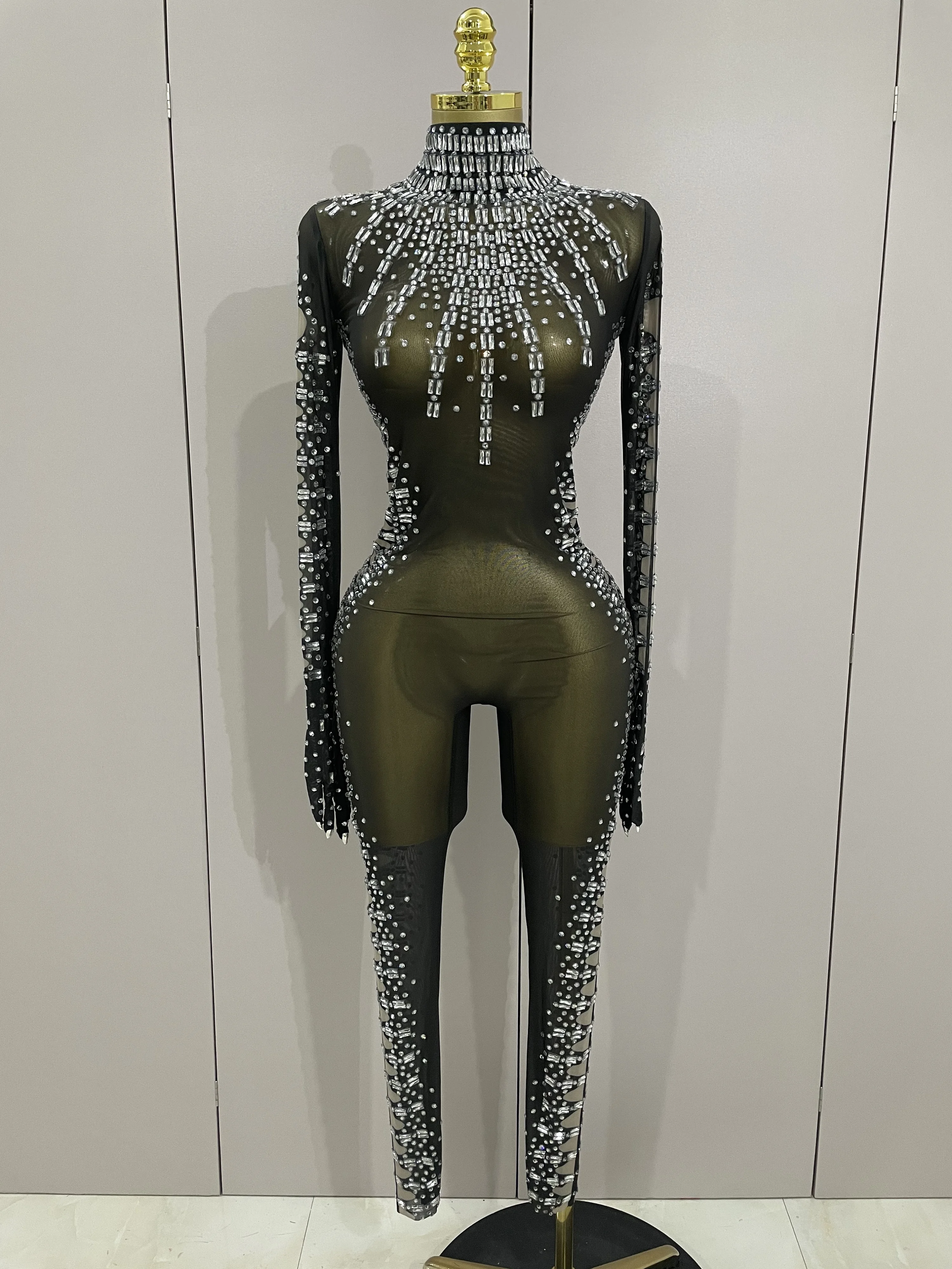 

Sexy Sparkly Crystals Black Mesh Jumpsuit With Gloves 2025 Women Celebrate Birthday Party NightClub Singer Dance Stage Costumes