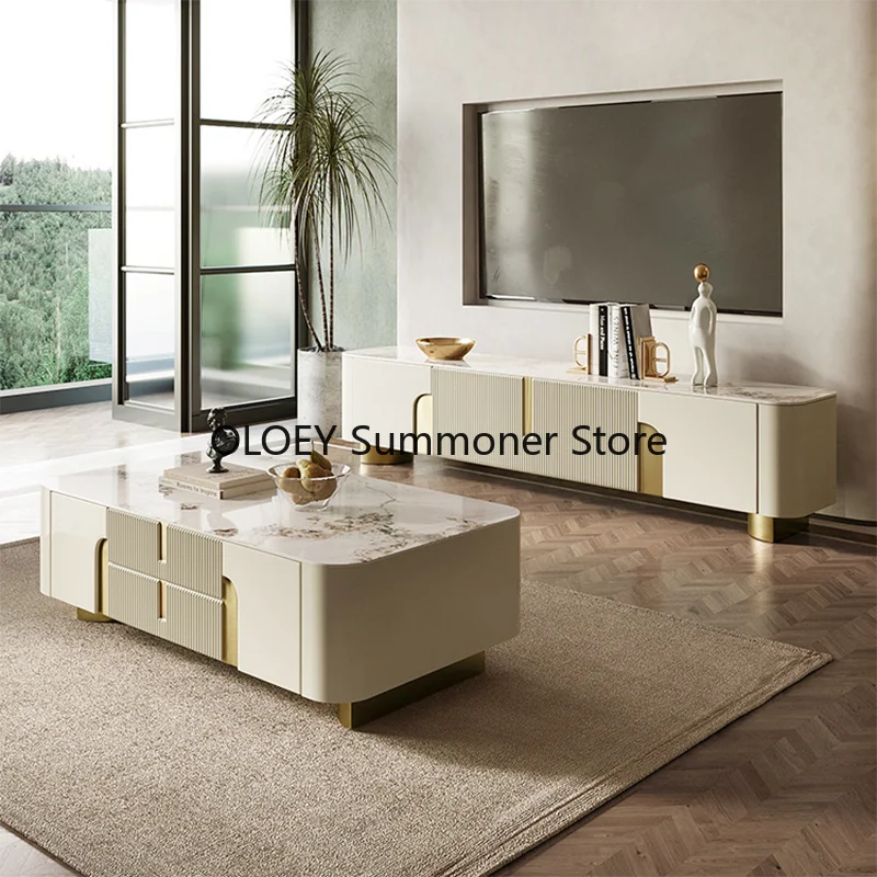 

Роскошный ТВ-шкаф, прямоугольные центральные столы, белый дисплей, сервант, ящики, круглые углы, журнальный столик для гостиной