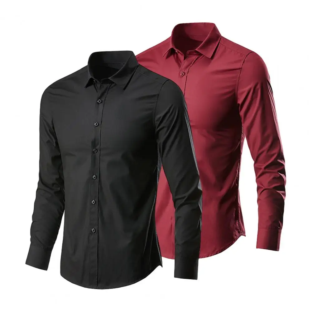 Long Sleeve Men Shirt Slim Fit Men Shirt Stretchy Slim Fit Men\'s Business Shirt with Turn-down Collar Long Sleeve Solid Color