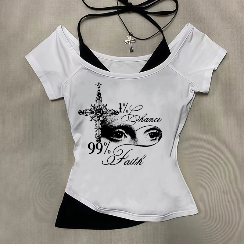 

2025 Spring/Summer New European and American Y2K Sexy Temperament Women's T-shirt Gothic Printed Pattern Two Piece Set Strap