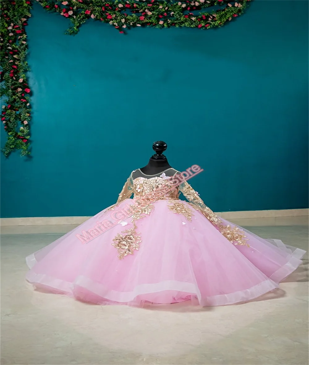 

Pink Flower Girl Dress Wedding Long Sleeve Gold Lace Fluffy Mesh Beauty Contest Kids Party First Communion Birthday Dress