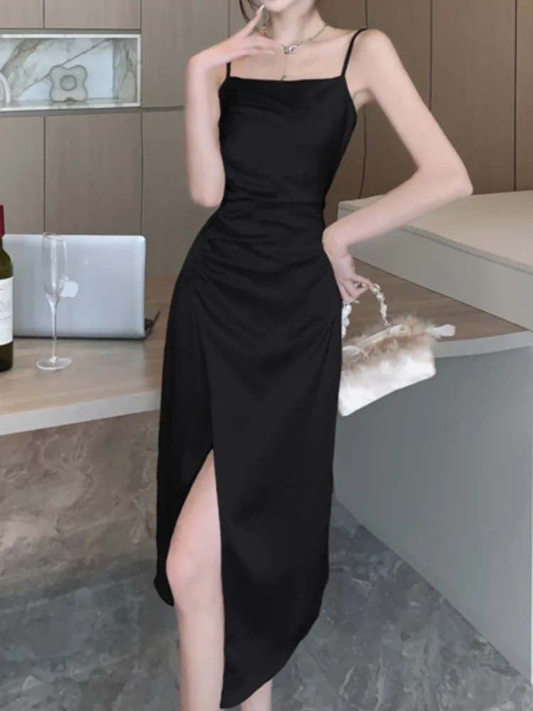 Spaghetti Strap Bodycon Slim Women Summer Dress Sleeveless Sexy Satin Party Birthday Robe Female Solid Chic Clothes Vestidos