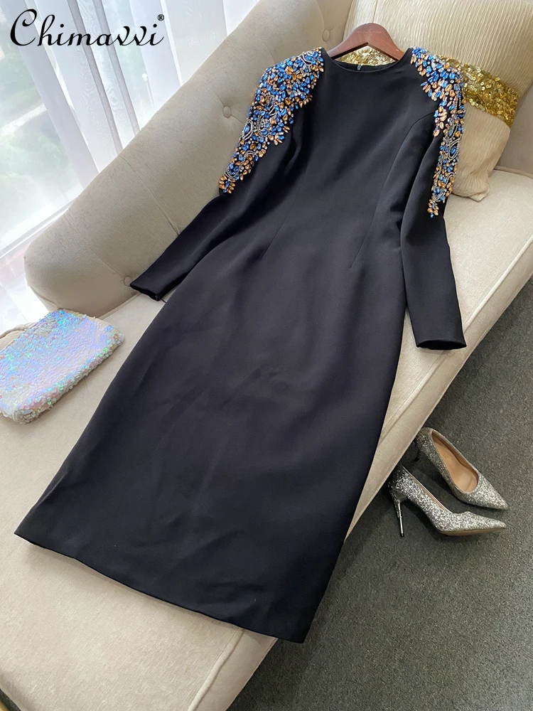 Autumn Winter New Fashion Socialite Heavy Beads Diamond-Embedded Long Sleeve Mid-Length Dress Women\'s Slim Elegant Party Dress