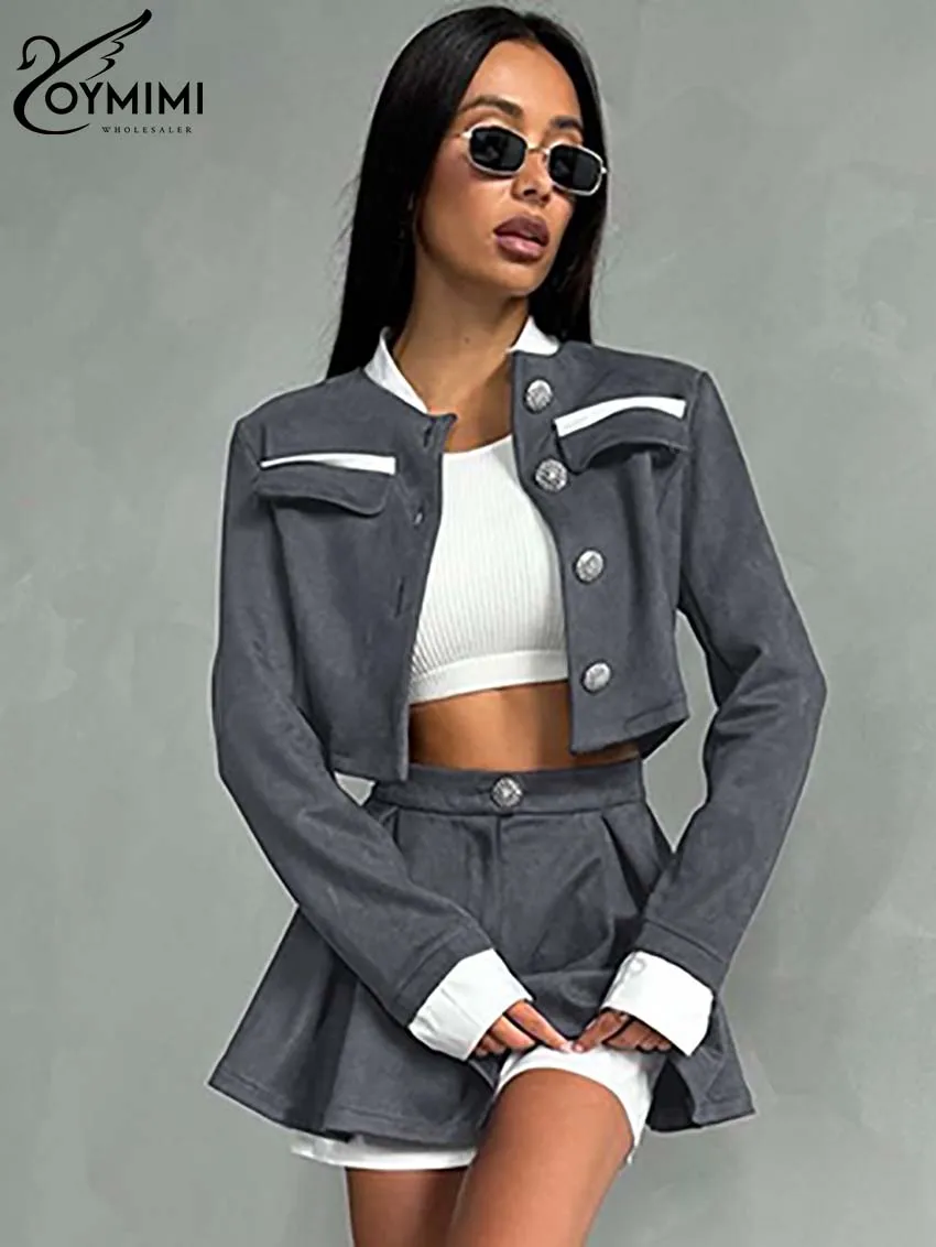 Oymimi Elegant Grey Patchwork Women 2 Piece Set Outfit Fashion Long Sleeve Pockets Button Crop Shirts And Pleated Mini Skirts