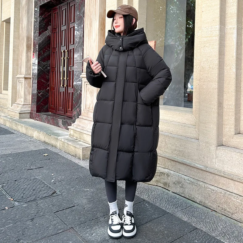 Long Parkas Coats Women Hooded Overcoat Solid Pocket Zipper Long Sleeve Loose Fit Thick Office Lady Casual 2025 Autumn Winter