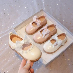Baby Girls Leather Shoes for Wedding Party Princess Kids Flat Mary Janes Lace Bowtie with Beading 2025 Spring Children Flats New