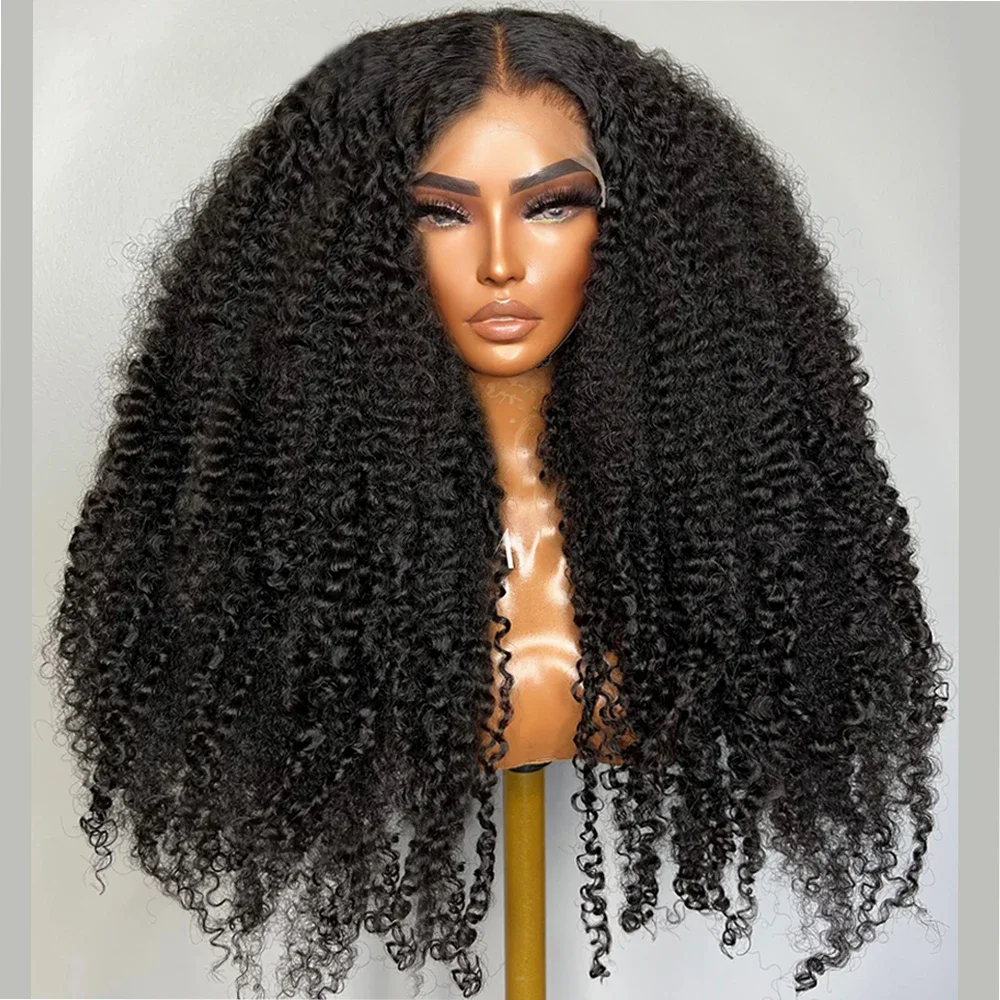 شعر مستعار أمامي طويل 26 بوصة بدون صمغ أسود طبيعي غريب مجعد 180% كثافة 13x4 باروكة أمامية من الدانتيل مع درجة حرارة حرارة BabyHair مقطوفة مسبقًا يوميًا