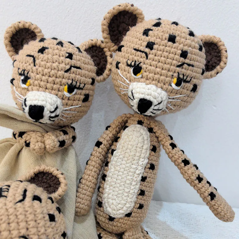 Personalization Towel Crochet Leopard Baby Teether Stuffed Animal Doll Beech Wood Newborn Teether Ring Pacifier Clip Baby Birth