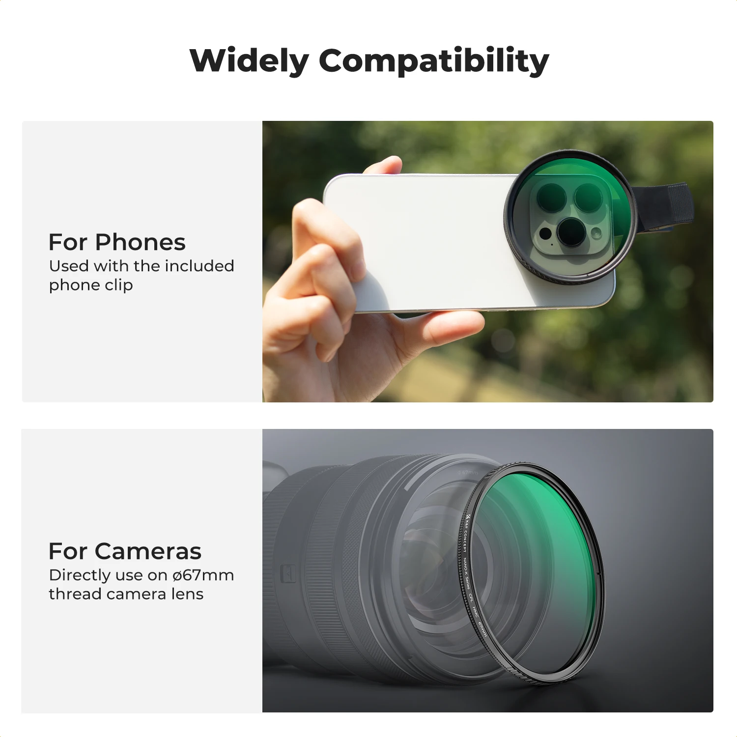 K&F Concept 67 мм Phone ND Filter ND2-32 CPL Filter 1/4 1/8 Black Pro Mist Filter Clip-on для iPhone Мобильный смартфон Камера