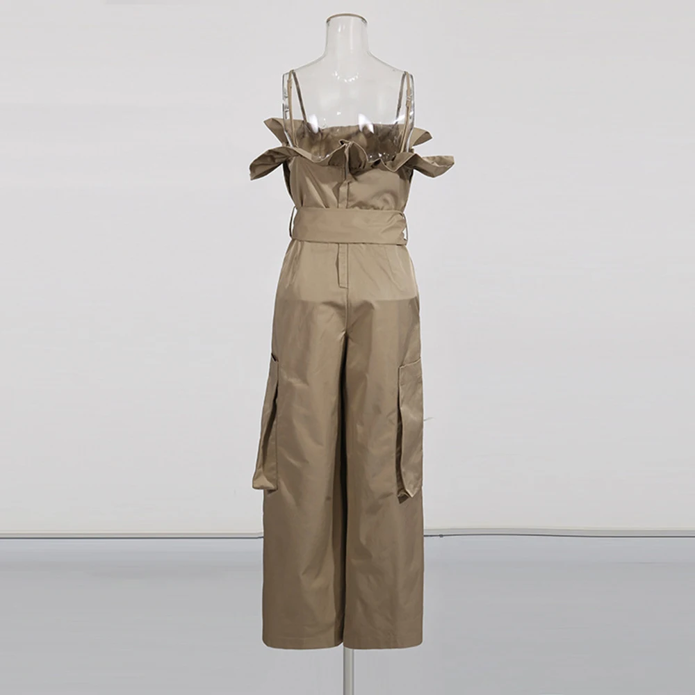 الكاكي حزام الخصر الخصر Cinching ملابس العمل جيب أكمام الحمالة بذلة 2025 شتاء جديد الملابس النسائية