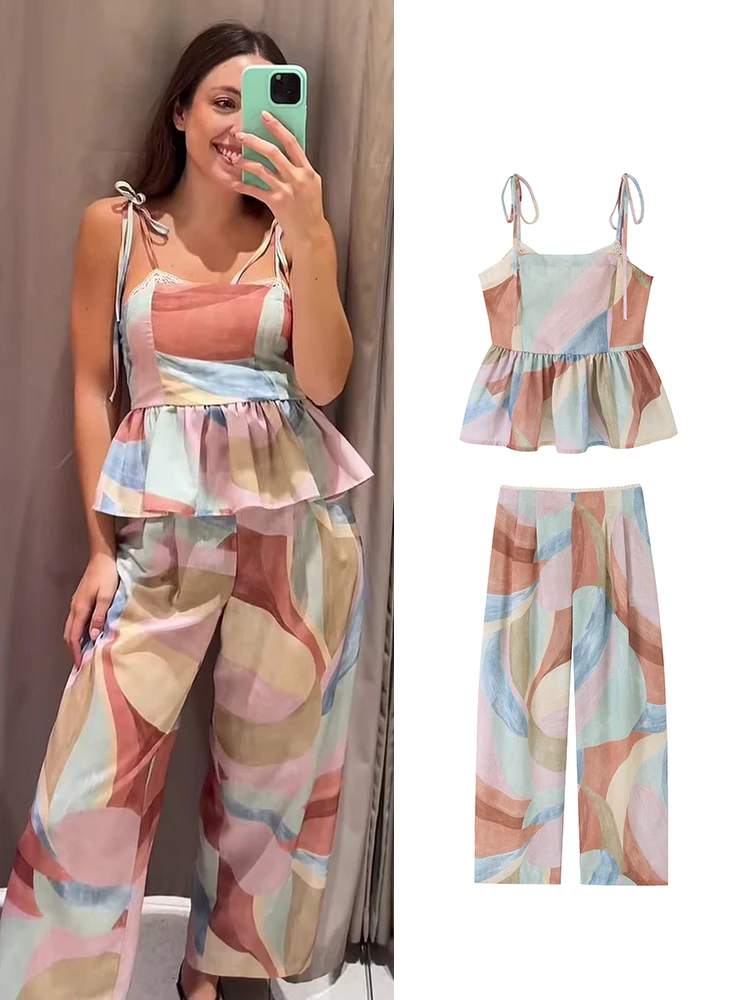 Conjunto de pantalón para mujer TFMLN, elegante, con volantes, estampado, sin mangas, con lazo, top con cordones, pantalón recto de pierna ancha, traje holgado de verano para damas